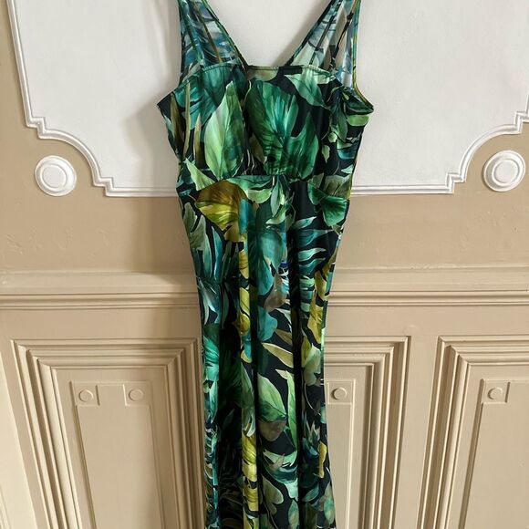 Zara tropical print palm leaves dress green M NWT satin lightweight summer midi - Picture 5 of 7